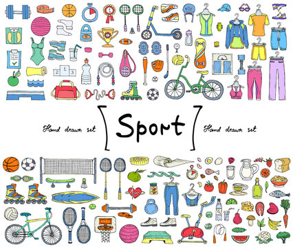 Vector set with hand drawn isolated colored doodles on the  theme of sport, fitness, healthy lifestyle