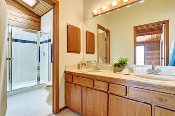 Bedroom interior with vanity cabinet, two sinks and large mirror.