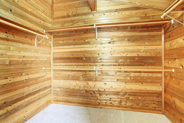 Empty narrow walk-in closet with wooden panel trim walls