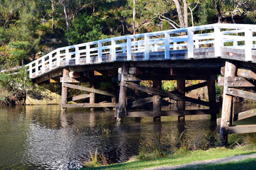 Historic wooden Varney Bridge across Kangaroo Creek at Audley, Royal National Park, Sydney, Australia
