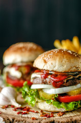 Burger on rustic table