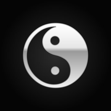Silver Yin Yang symbol icon on black background. Vector Illustration