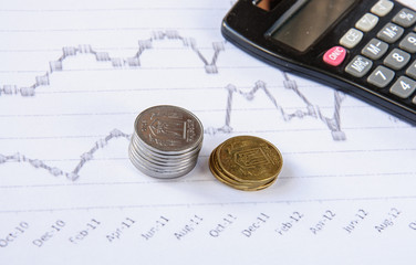 Calculator on the desk, pen, calculations. Finance