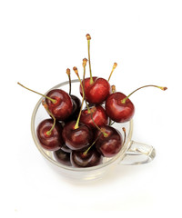 Delicious red cherry in glass on white background.