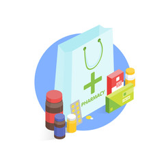 Modern pharmacy and drugstore concept. Isometric Vector simple illustration