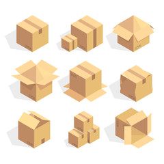 Open and closed delivery cardboard icons set isolated vector illustration