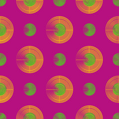 Green and yellow circles on pink background geometric seamless pattern