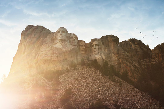 Sunlit view of Mount Rushmore, Keystone, South Dakota,  USA