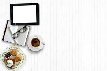 Cranberry Scones ,coffee and sour cream on wood workspace.