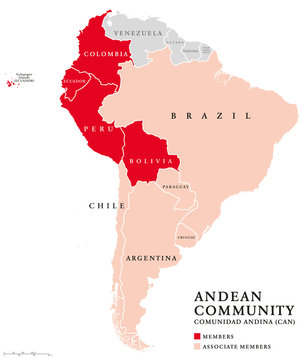 Andean Community countries map, a trade bloc. Comunidad Andina, CAN, customs union comprising the South American countries Bolivia, Colombia, Ecuador, Peru and five associate members. Andean Pact.