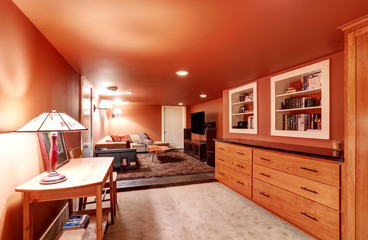 Living room interior  in coral tone walls, carpet floor and wooden furniture