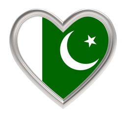 Pakistan flag in silver heart isolated on white background. 3D illustration.