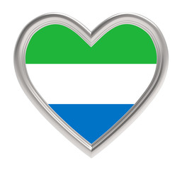 Sierra Leone flag in silver heart isolated on white background. 3D illustration.