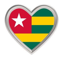 Togo flag in silver heart isolated on white background. 3D illustration.