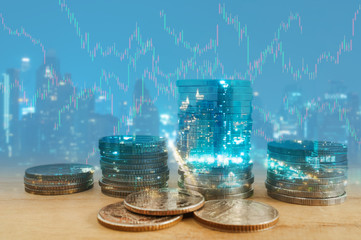 Double exposure of city and coin stacks.