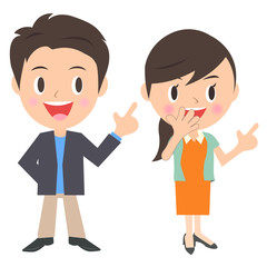 横を指さす若い男女