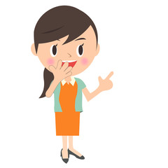 横を指さす若い女性