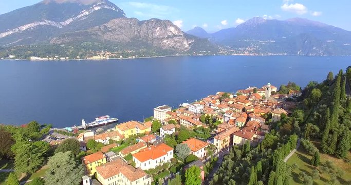Aerial 4k - Lago di Como (IT) - Vista aerea di Bellagio da Villa Serbelloni con Parco e giardino 