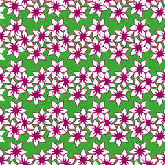 White pink flowers seamless pattern on green background.