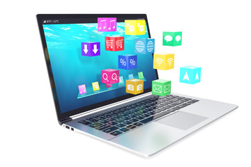 Cloud computing concept: white laptop with of color application icons isolated on background. 3d illustration