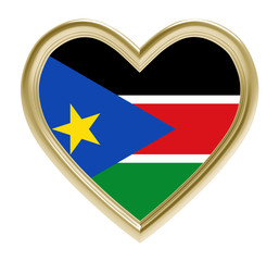 South Sudan flag in golden heart isolated on white background. 3D illustration.