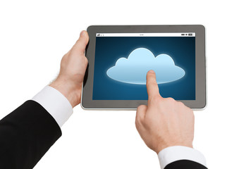 close up of hands with cloud icon on tablet pc
