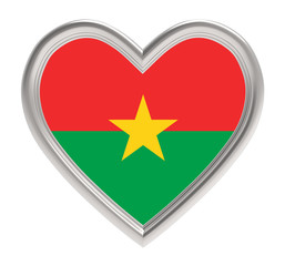 Burkina Faso flag in silver heart isolated on white background. 3D illustration.