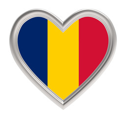 Fototapeta premium Chad flag in silver heart isolated on white background. 3D illustration.