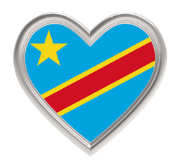 Democratic Republic Congo flag in silver heart isolated on white background. 3D illustration.