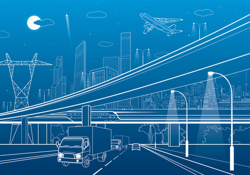 Car overpass, infrastructure, urban plot, airplane takes off, train move ob the bridge, neon city on background, truck on highway, white lines illustration, vector design art