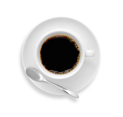 Top view of a cup of coffee, isolate on white