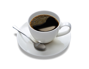 Top view of a cup of coffee, isolate on white