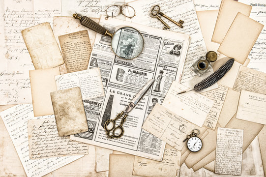 Antique office accessories, old letters and postcards vintage st