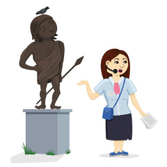 Museum guide telling about a work of art, historical statue. Isolated funny cartoon vector illustration: woman conducting a tour, sculpture of proud antique warrior and a pigeon sitting on his head. 