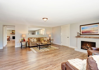 Open floor plan living room interior in white tones with hardwood floor.