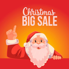 Cartoon style Santa Claus pointing up, Christmas vector big sale banner, red background, text at the top. Half length portrait of Santa pointing up, Christmas sale banner template
