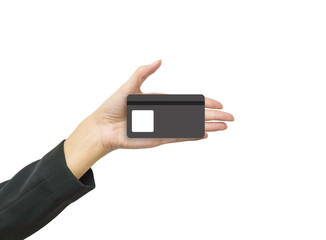 Closeup smart card in business woman hand isolated on white background with clipping path