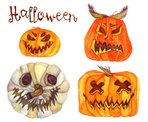 Hand Painted Watercolor Illustration Isolated: Set of Halloween pumpkins
