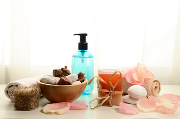 Spa still life with soap, bath salt, cream,towel,perfume bottle