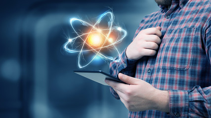 Man using digital tablet . Mixed media