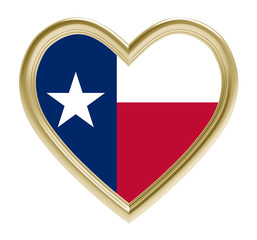 Texas flag in golden heart isolated on white background. 3D illustration.