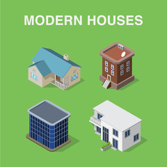 Set of four modern houses made in isometric style.