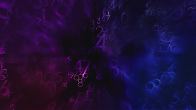 Numbers background, abstract 3D motion. Colored light, black background. Loop seamless background.