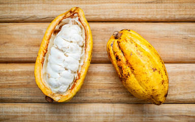 Ripe Indonesia's cocoa pod setup on rustic wooden background.