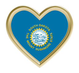 South Dakota flag in golden heart isolated on white background. 3D illustration.