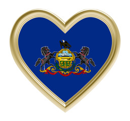 Pennsylvanian flag in golden heart isolated on white background. 3D illustration.
