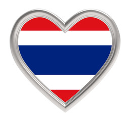 Thai flag in silver heart isolated on white background. 3D illustration.