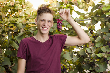 Beautiful teen holding grape in vineyard