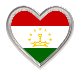 Tajik flag in silver heart isolated on white background. 3D illustration.