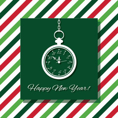 Happy New Year greeting card with watch on stripped background in traditional Christmas colors.